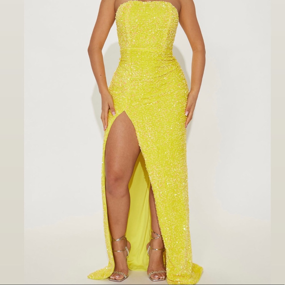 Yellow sequin strapless maxi dress